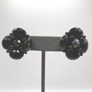 Vintage‎ Clip On Beaded Earrings Black Gold Tone Cluster Made in W Germany